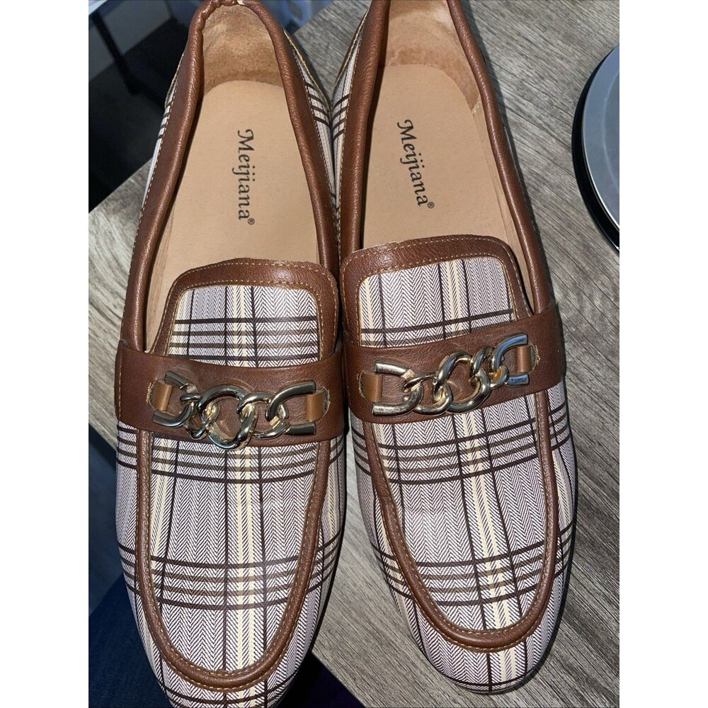 Meijiana Men's 10 Dress Shoes Plaid Gold Chain Loafers VNC